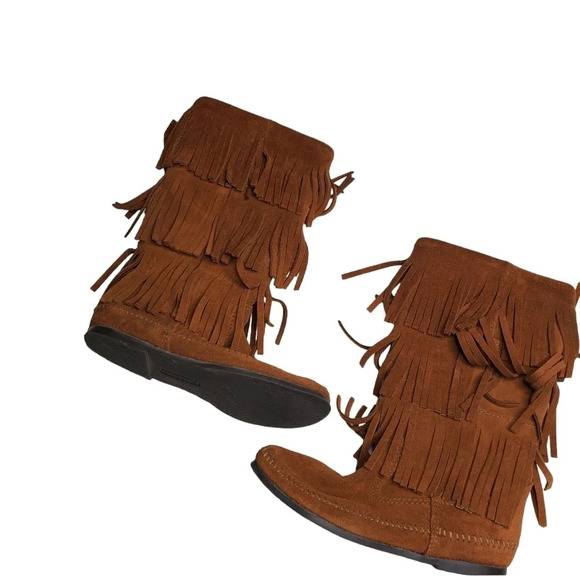 Minnetonka 3 Layer Fringe Brown Suede Boots - Picture 1 of 6